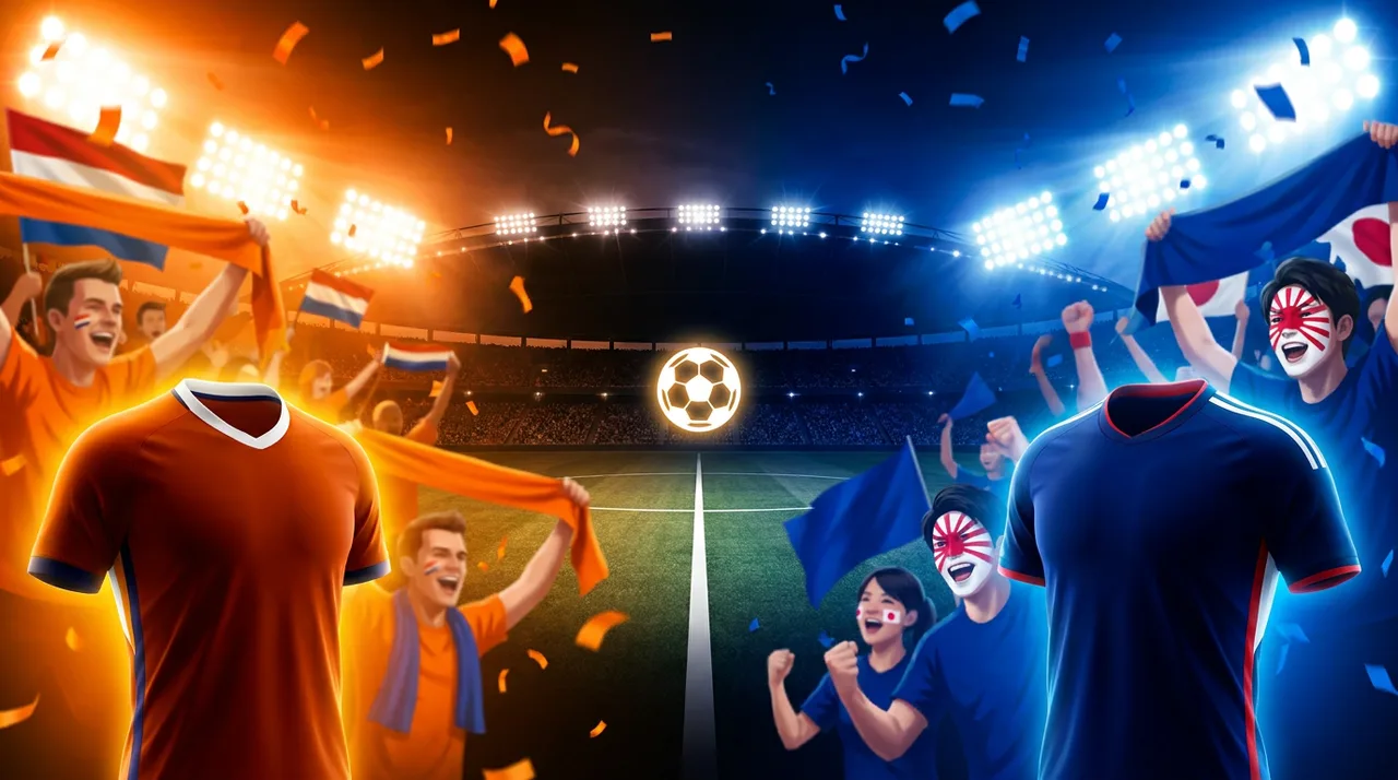 Netherlands orange jersey vs Japan blue jersey — World Cup 2026 match-day fan art